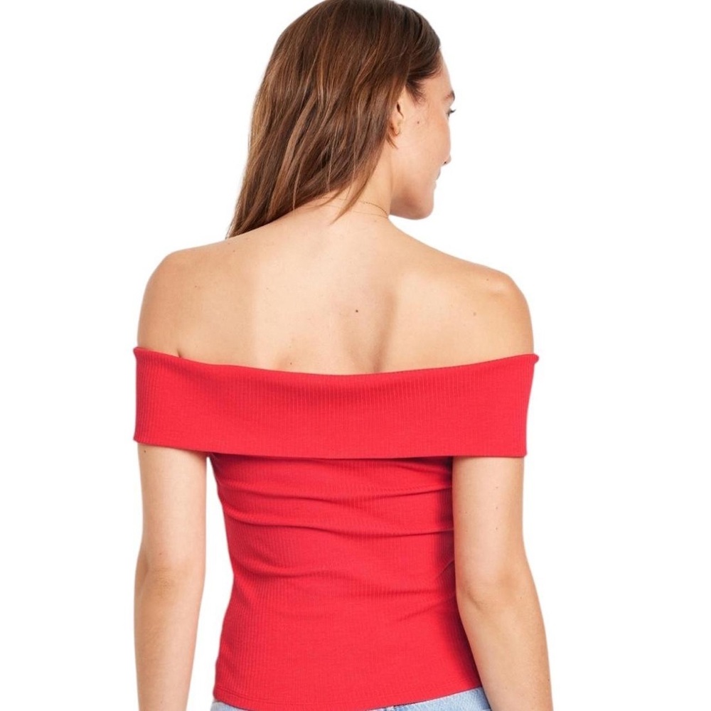 Off-Shoulder Ribbed Red Top - Picture 2 of 6